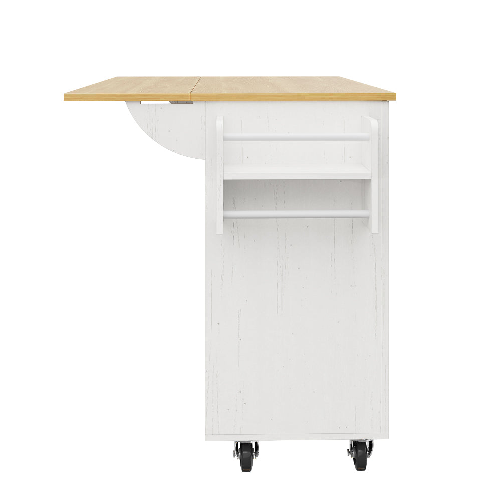 White Modern Mobile Kitchen Island with Removable Divider & Adjustable Casters - Heavy-Duty Metal Frame, Woodgrain Worktop, Storage Cabinets with Shelves & Drawers, Towel Rack - Space-Saving Rolling Cart for Small Kitchens, D
