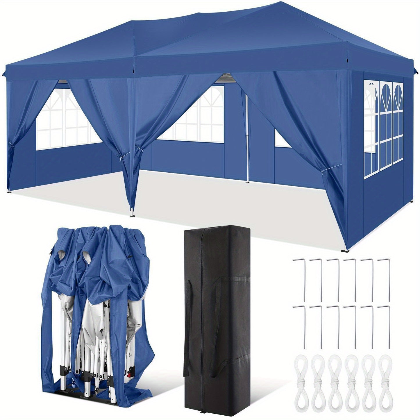 3×6m Pop-Up Zonnescherm – Partytent – Paviljoen – Schaduwdoek – Zonnescherm Tent – Blauw – Met 6 Afneembare Zijwanden – Water- en UV-bestendig Oxford Polyester