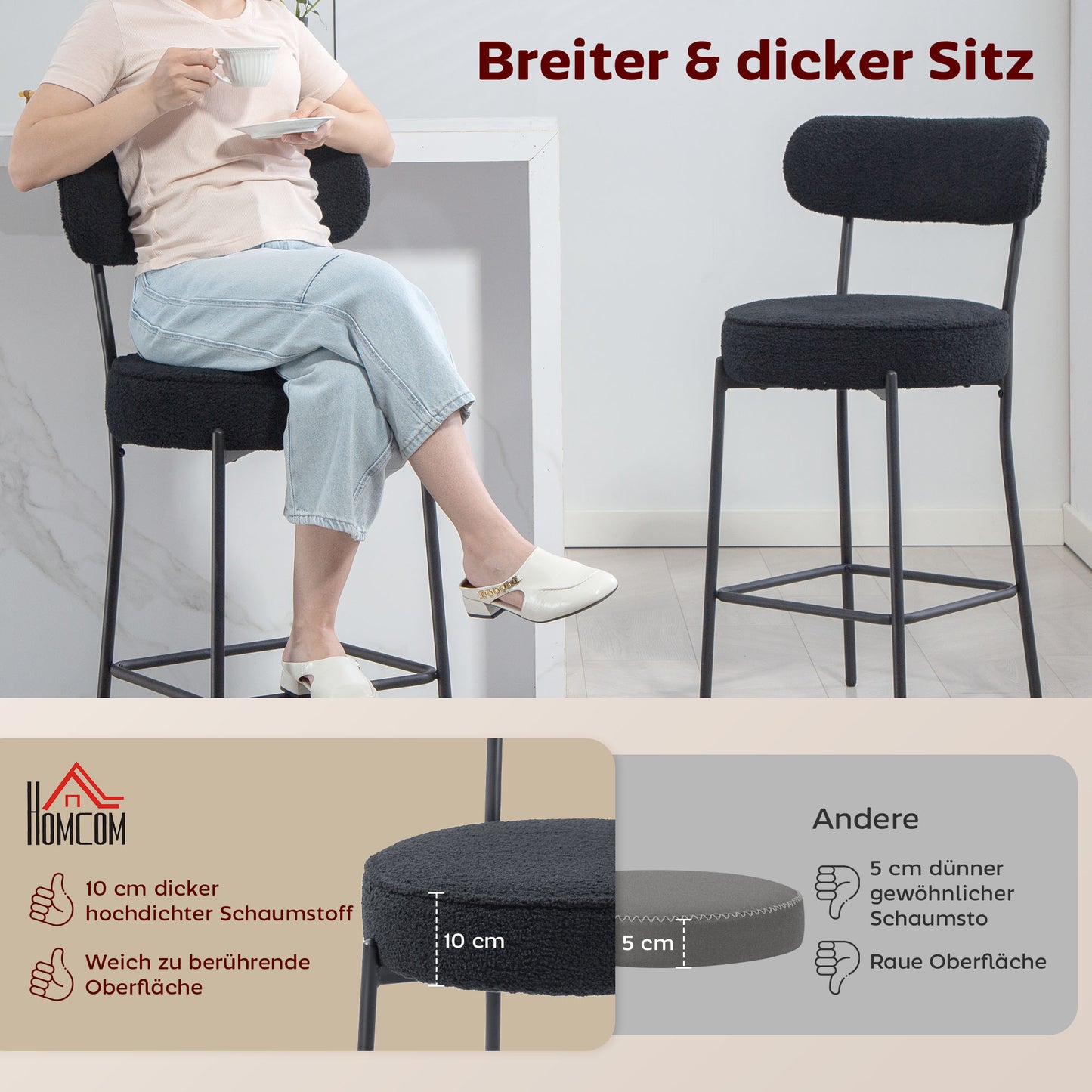 Barkrukken – Barkruk Set – Barstoelen – Hoge Stoelen – Keukenstoelen – Zwart Metalen Frame – Gewatteerd Zitvlak Met Fleece Bekleding