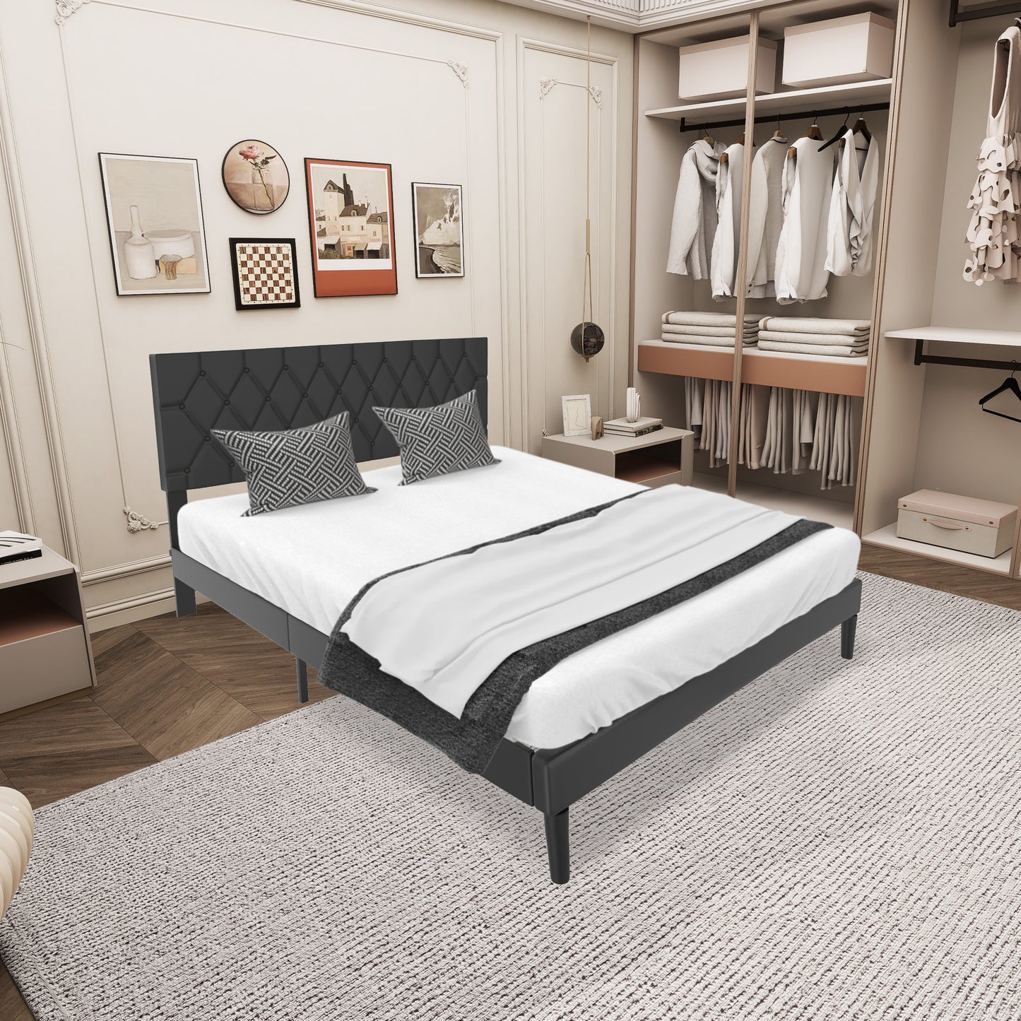 Bedframe – Gestoffeerd Bed – Tweepersoonsbed – Slaapkamer Bed – Ledikant – Lederen Hoofdbord – 160x200 cm – 300 kg Draagkracht – Eenvoudige Montage