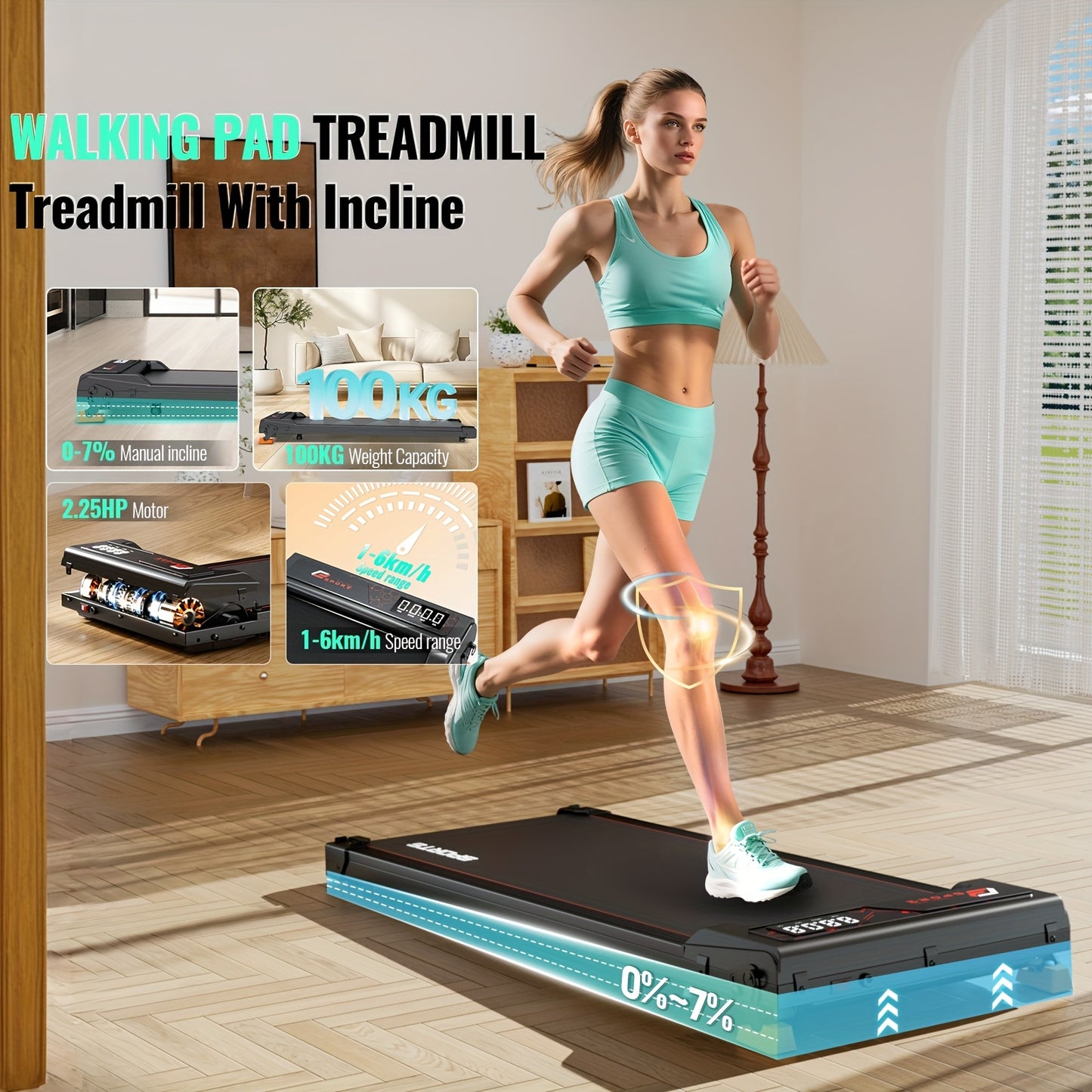 Loopband – Wandelband – Hardloopband – Walking Pad – Treadmill – 7% Helling – Stille 2,25PK Motor – Opvouwbaar, Compact & Draagbaar