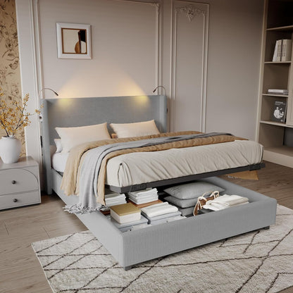 Gestoffeerd Bed – Hydraulisch Bed – Opbergruimte Bed – Tweepersoonsbed – Bedframe Met Lattenbodem – 140x200 cm – Met Leeslamp En USB Oplader – Grijs