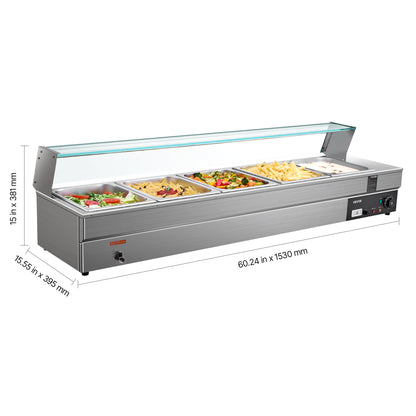 Voedselwarmer – Warmhoudplaat – Buffetwarmer – Bain-Marie – Chafing Dish – 5 Pannen 7,6L – Roestvrij Staal met Glazen Afdekking