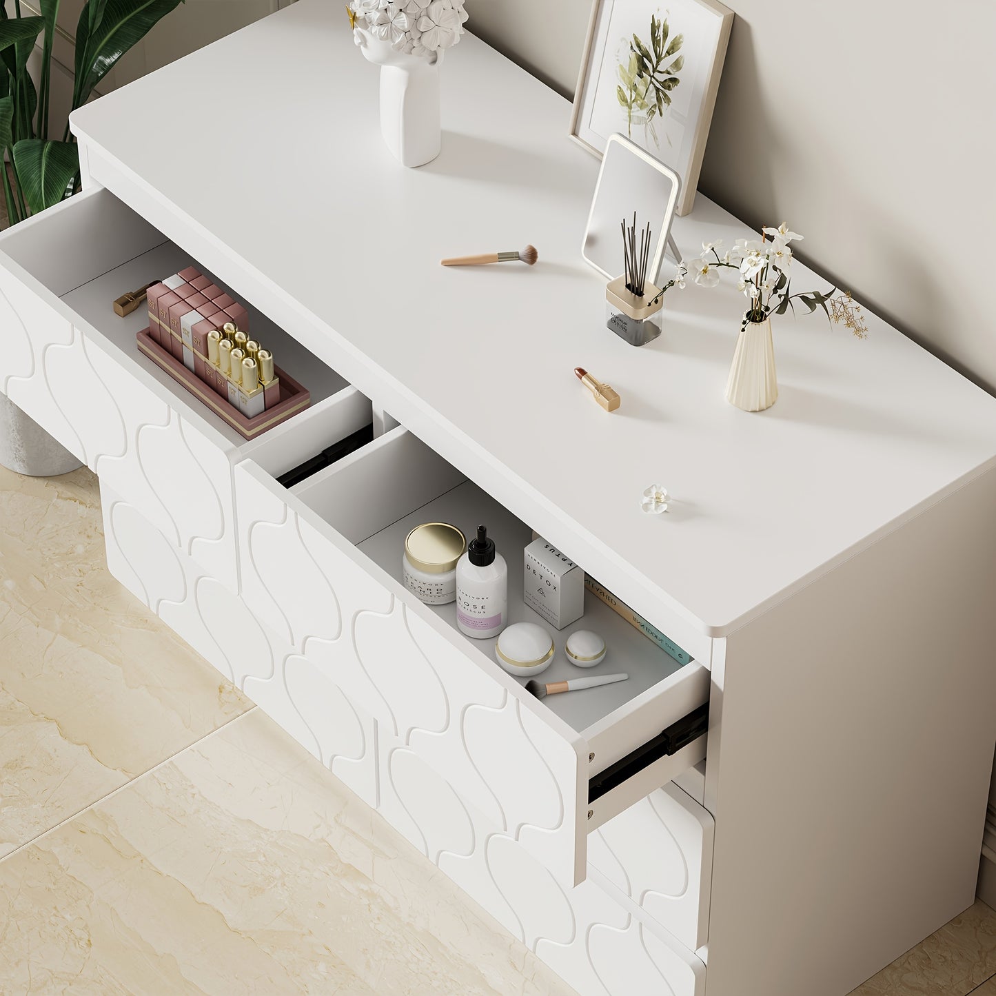 Ladekast – Kommode – Dressoir – Opbergkast – Kast – 6 Ruime Lades – Aardbevingsbestendig Ontwerp – Witte Lakafwerking – 68,58 cm Hoog – Moderne Golfpatroon