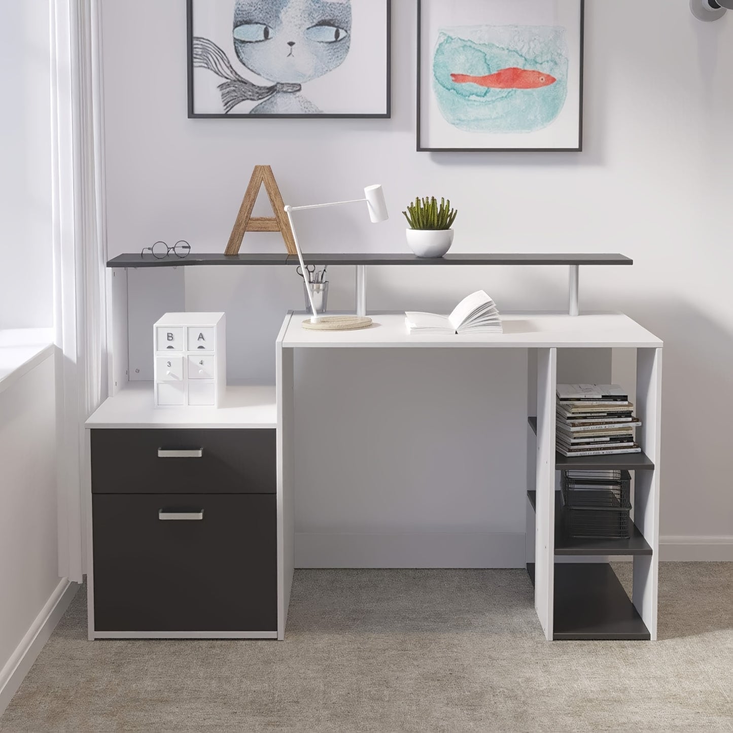 Computertafel – Bureau – Werkplek – Study Desk – Kantoormeubel – Met Geïntegreerde Boekenkast – Ruime Opbergladen – Modern Metaal en Hout – Wit Grijs