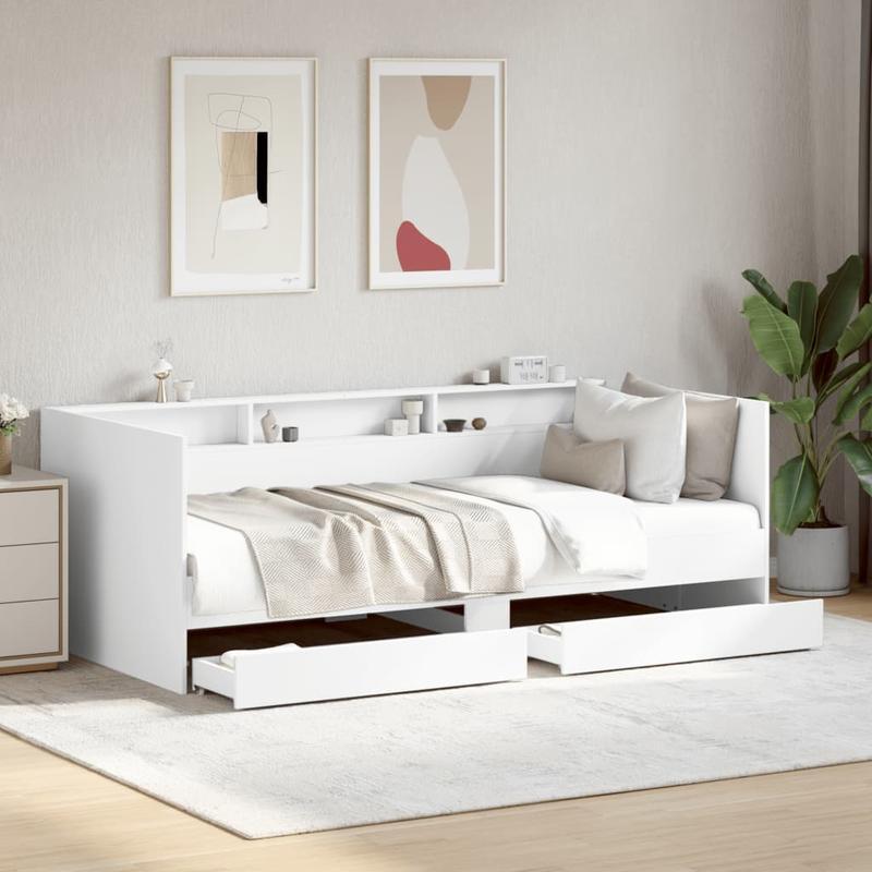 Bedbank – Daybed – Slaapbank – Logeerbed – Bedlade – Wit – 75x190 cm – Hout – Ruimtebesparend Met Ladeopbergruimte