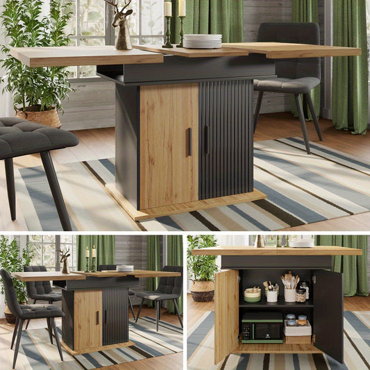 Uitschuifbare Eettafel – Inklapbare Tafel – Eetkamertafel – Keukentafel – Retro Tafel – Ruimtebesparend – Opbergruimte Met Lades – 110-140 cm – Met Metalen Frame – Geen Montage