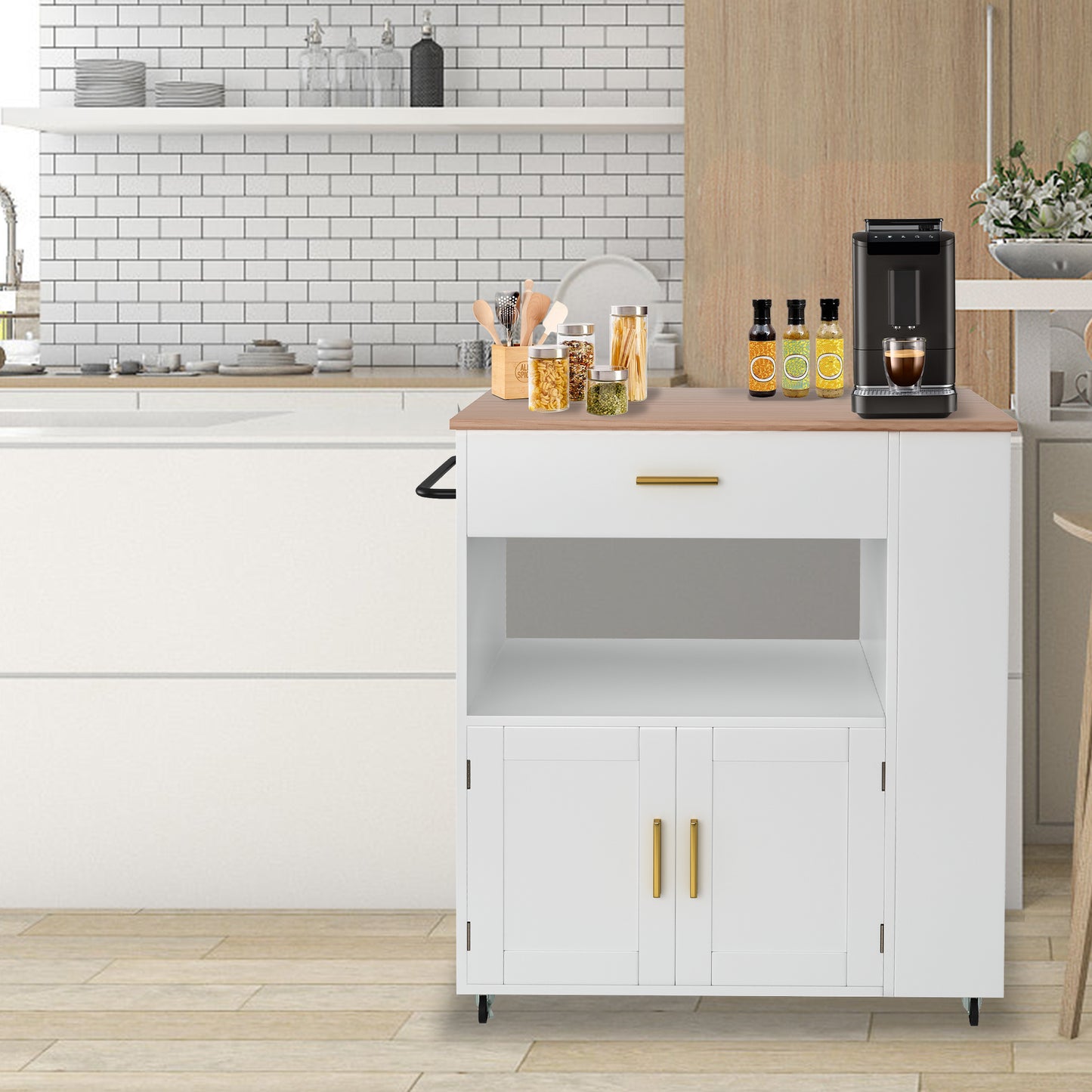Keukenwagen – Mobiele Keukentrolley – Keukenwagen op Wieltjes – Keukenkastje – Keukenkar – Wit – Compact 68x39x85 cm – Met Werkblad en Remmen
