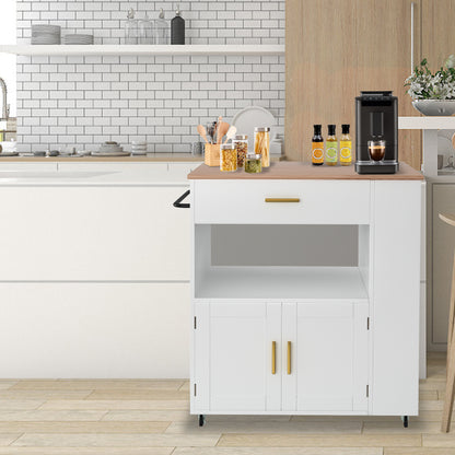 Keukenwagen – Mobiele Keukentrolley – Keukenwagen op Wieltjes – Keukenkastje – Keukenkar – Wit – Compact 68x39x85 cm – Met Werkblad en Remmen