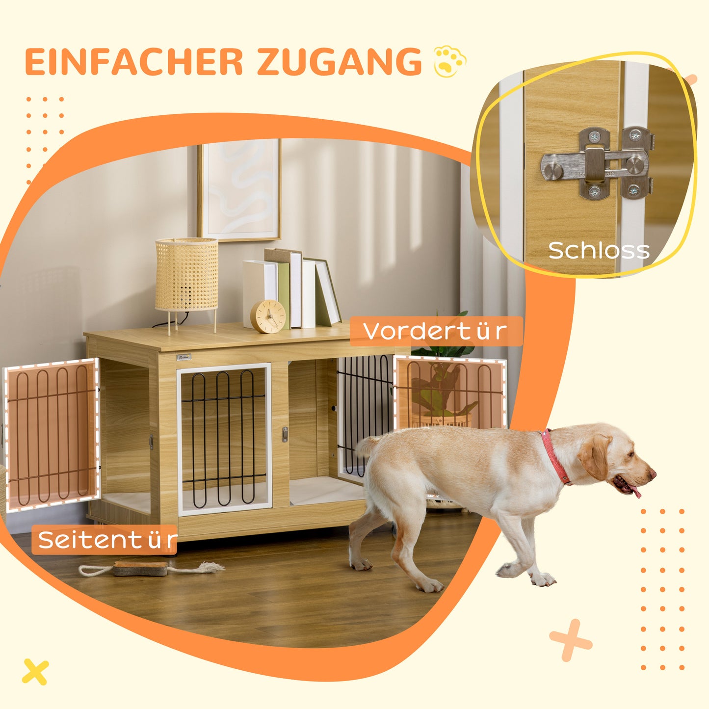 Hondenbench – Hondenkooi – Hondenkist – Reismand – Bench Voor Medium Honden – Wasbaar Kussen – 2 Deuren Met Slot – 90x58x65 cm – Natuurlijk Houtdesign