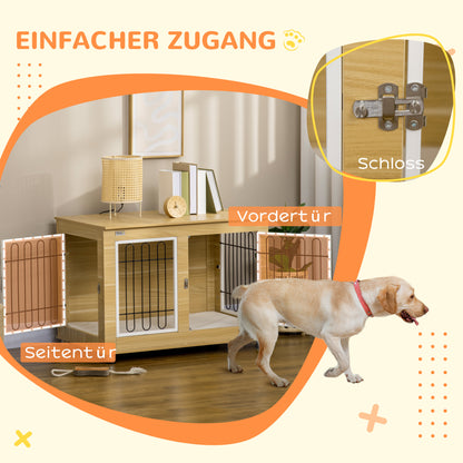 Hondenbench – Hondenkooi – Hondenkist – Reismand – Bench Voor Medium Honden – Wasbaar Kussen – 2 Deuren Met Slot – 90x58x65 cm – Natuurlijk Houtdesign