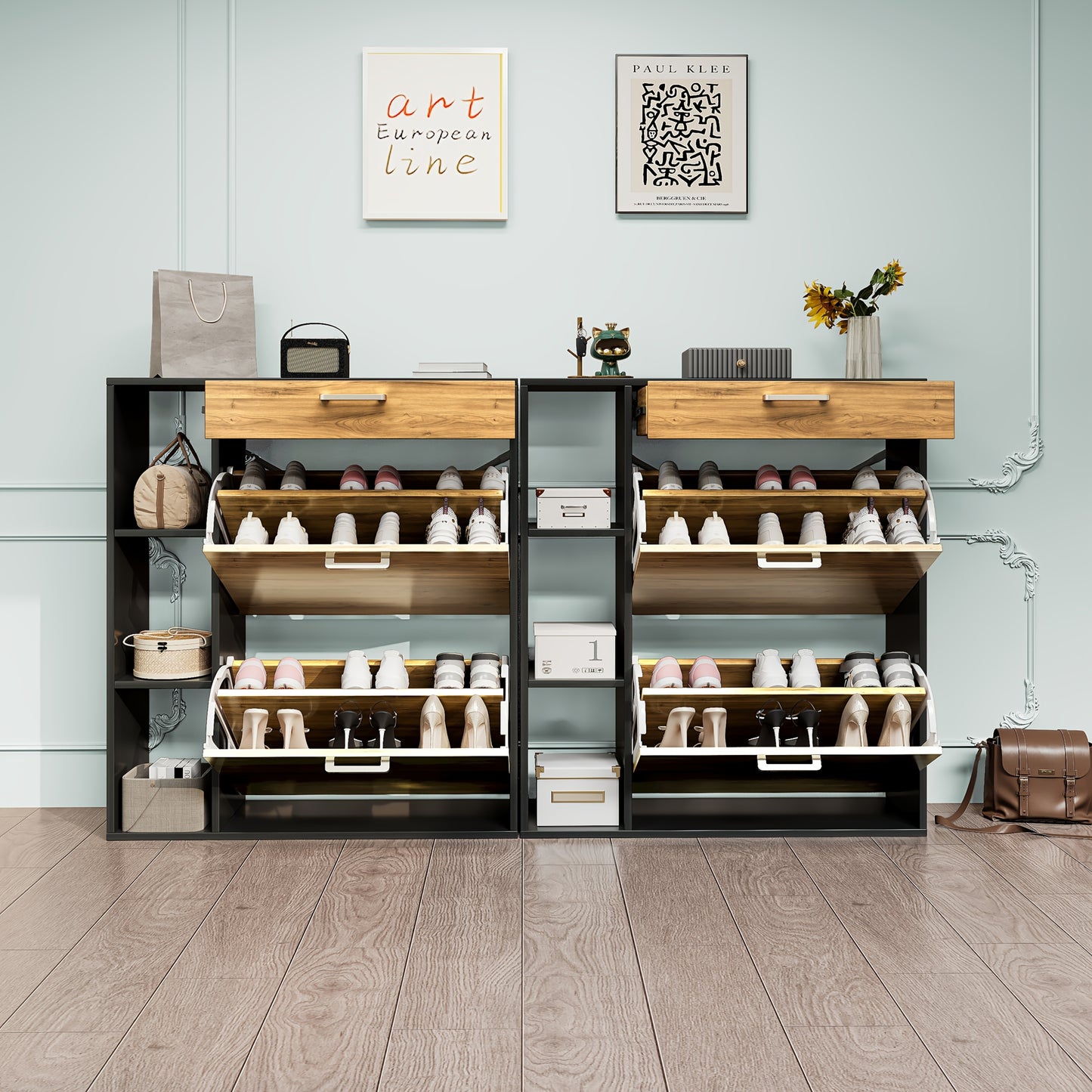 Houten Schoenenkastje – Schoenopberger – Schoenenrek – Schoenentoren – Schoenendisplay – Zwart – 2 Klapladen – Geschikt Voor 12-15 Paar Schoenen