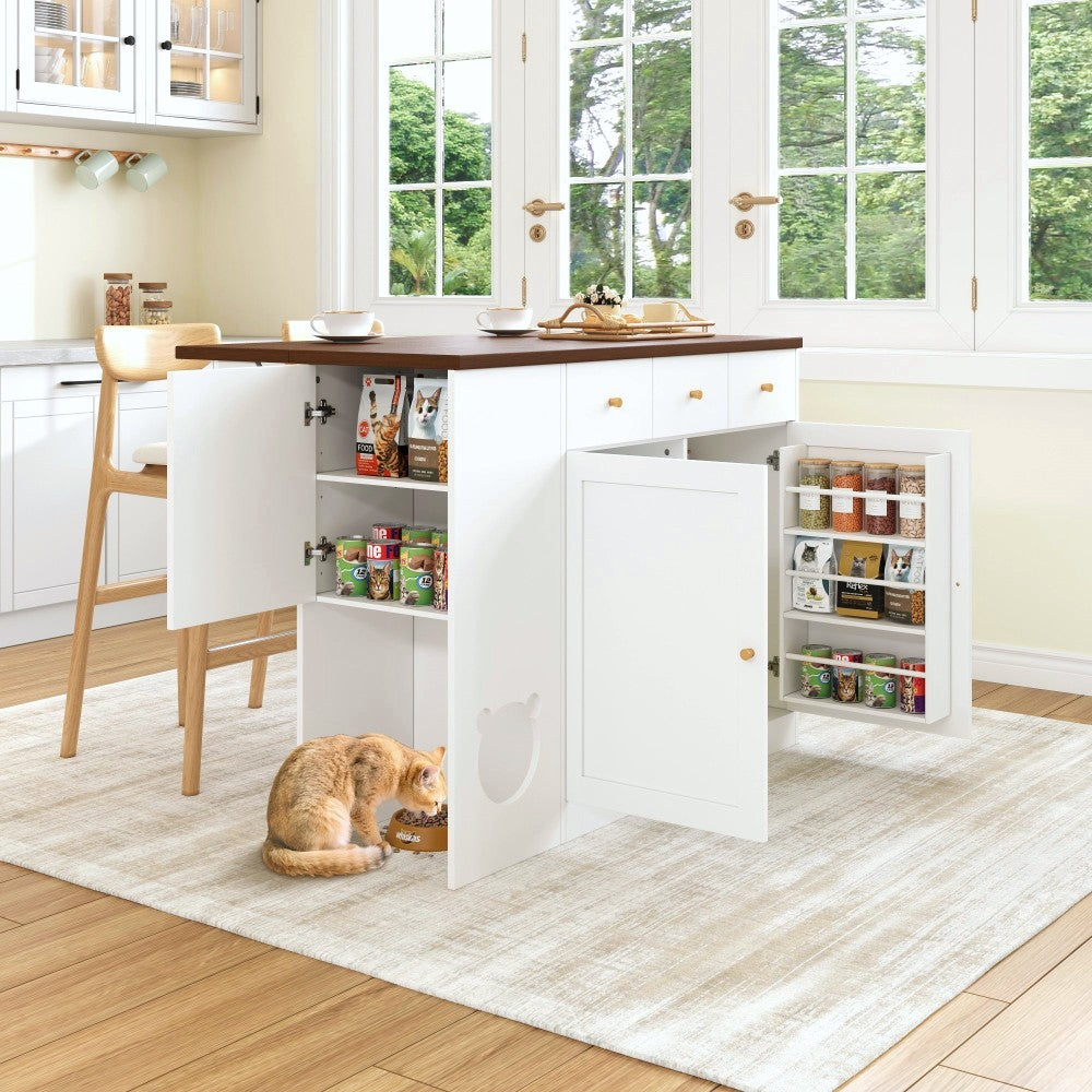 Keukeneiland – Keukentrolley – Keukenwagen – Kitchen Sideboard – Opbergmeubel – Uitschuifbaar Werkblad 120x70 cm – Ingebouwd Kruidenrek – Huisdier Voerplek Wit/Walnoot