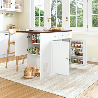 Keukeneiland – Keukentrolley – Keukenwagen – Kitchen Sideboard – Opbergmeubel – Uitschuifbaar Werkblad 120x70 cm – Ingebouwd Kruidenrek – Huisdier Voerplek Wit/Walnoot