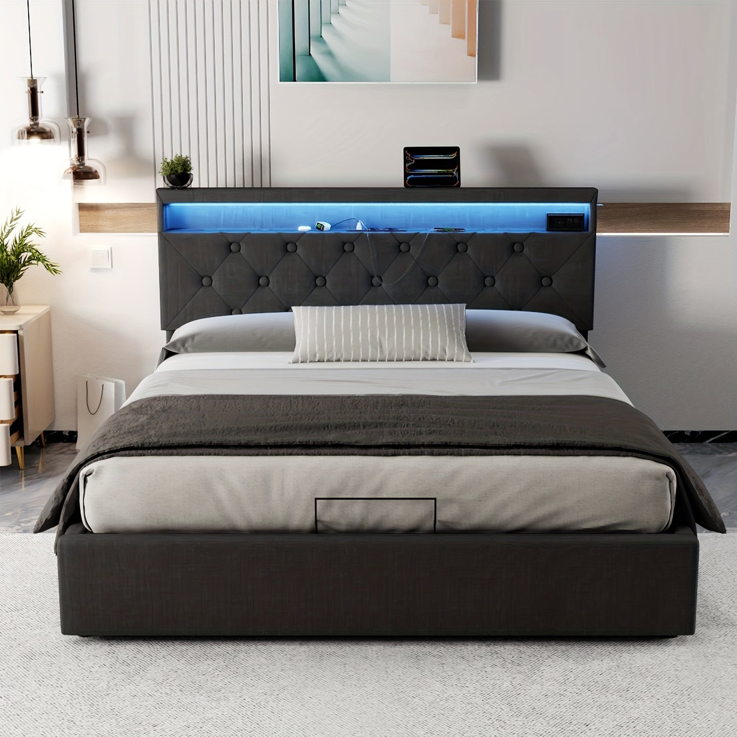 Bed – Tweepersoonsbed – Slaapbank – Ledikant – Boxspring – 160x200 cm – Hydraulische Opbergruimte – Hoofdbord Met LED-Verlichting En Oplaadstation
