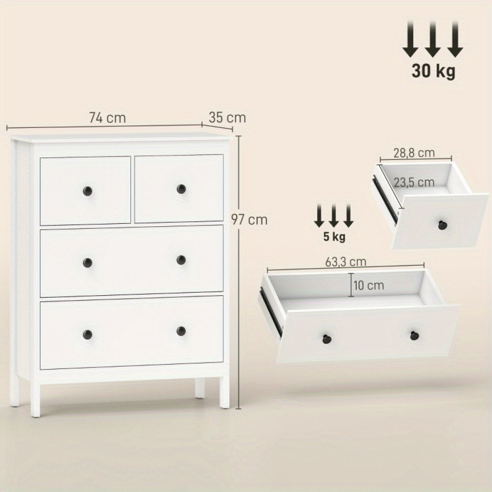 Ladenkast – Ladekast – Commode – Kast – Opbergkast – Wit met zwarte knoppen – Duurzame houten constructie – Ruime 4 laden (≥3,2 cu ft)