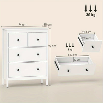 Ladenkast – Ladekast – Commode – Kast – Opbergkast – Wit met zwarte knoppen – Duurzame houten constructie – Ruime 4 laden (≥3,2 cu ft)