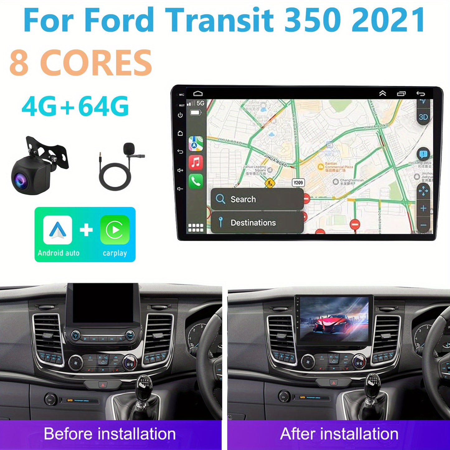 Car Stereo – Multimedia Systeem – Autoradio – Navigatiesysteem – Touchscreen Radio – 10,1 Inch Scherm – 8-Core Processor – Draadloos CarPlay & Android Auto – Achteruitrijcamera & Bluetooth Microfoon