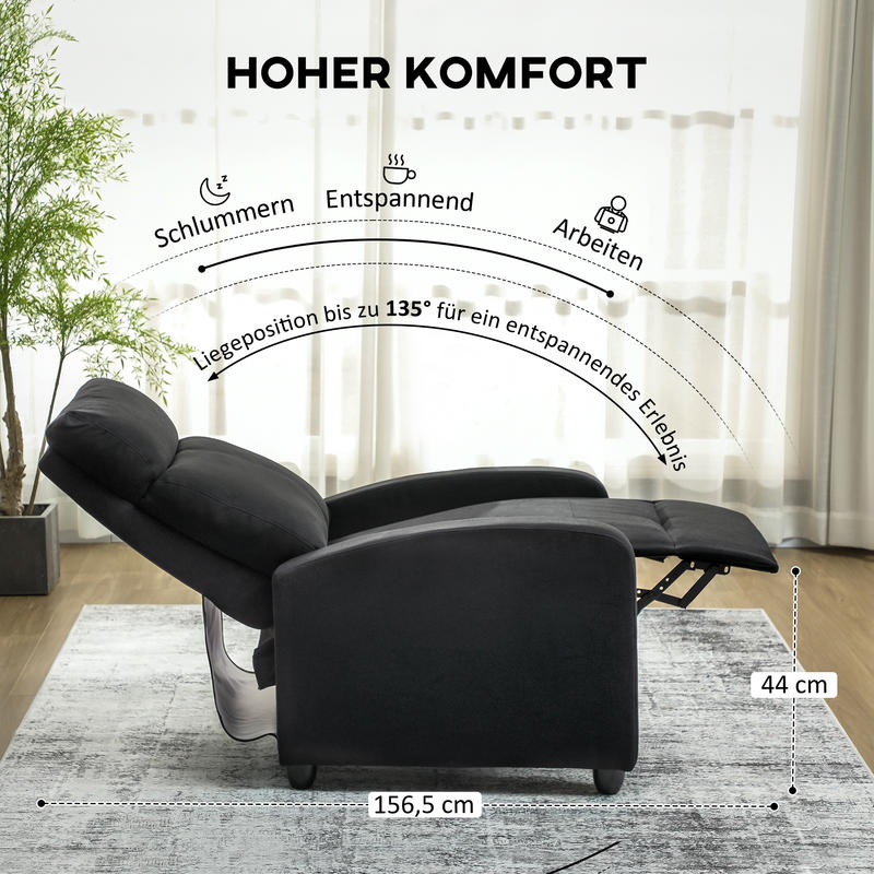 Relaxstoel – Fauteuil – Draaistoel – Loungestoel – Relaxfauteuil – Verstelbaar tot 135° – Uitschuifbare Voetensteun – Polyester Bekleding – 5-Wielige Stevige Basis – Handmatige Bediening – Modern Zwart Design