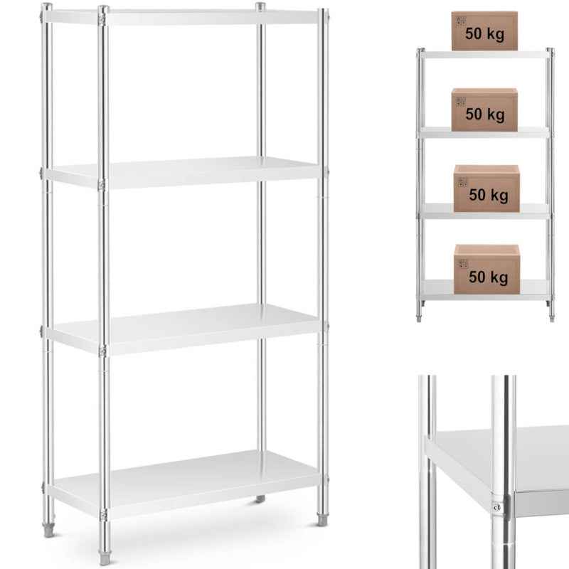 Stalen Rek – Metalen Opslagrek – Magazijnrek – Keukenrek – Stellingkast – RVS Materiaal – 4 Planken 90x40x180 cm – 200 kg Draagkracht