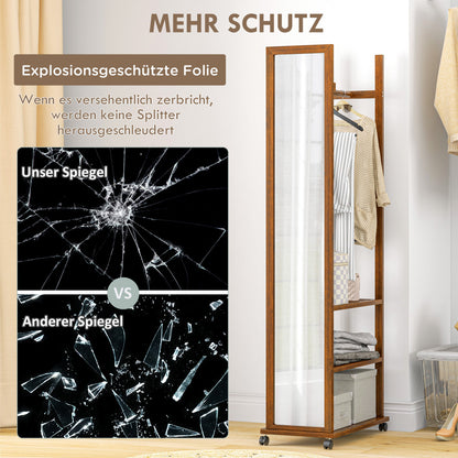 Staande Spiegel – Vloerspiegel – Volledige Lengte Spiegel – Garderobekast Spiegel – Modieuze Slaapkamer Spiegel – Walnoot Afwerking – 3-Delige Kledingrail Met Zwenkwielen