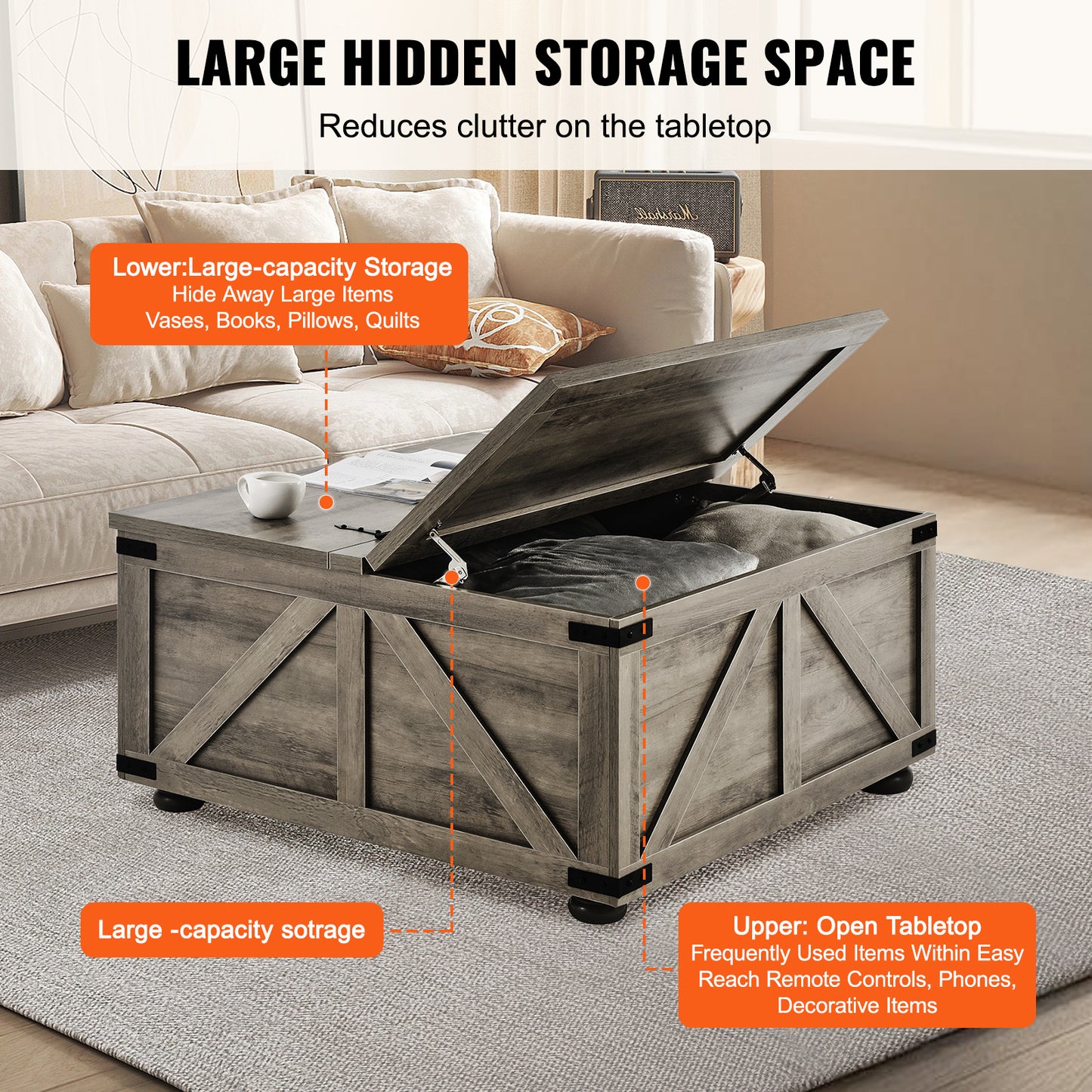 Salontafel – Koffietafel – Woonkamertafel – Bijzettafel – Landelijke Tafel – Flip-Top Design – Grote Verborgen Opbergruimte – Massief Hout – Beige