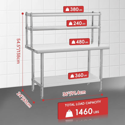 Werktafel RVS – Werkbank – Werktafel Keuken – Werkbank Garage – 99,06 x 60,96 cm – Zwaar Belastbaar Tot 660 kg – Verstelbare Poten & Afneembare Planken