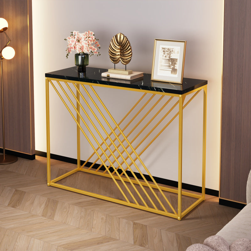 Sidetable – Console Tafel – Wandtafel – Haltafel – Dressoir – Zwart-Goud MDF – 100x35x77 cm – Hoogglans Blad – Stevig Metalen Frame