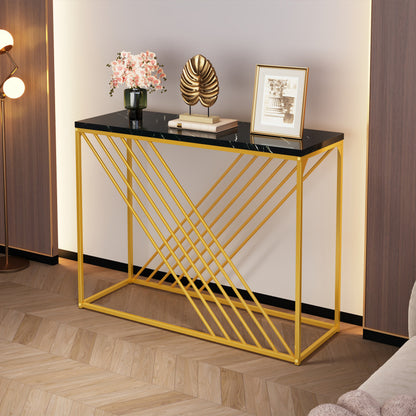 Sidetable – Console Tafel – Wandtafel – Haltafel – Dressoir – Zwart-Goud MDF – 100x35x77 cm – Hoogglans Blad – Stevig Metalen Frame