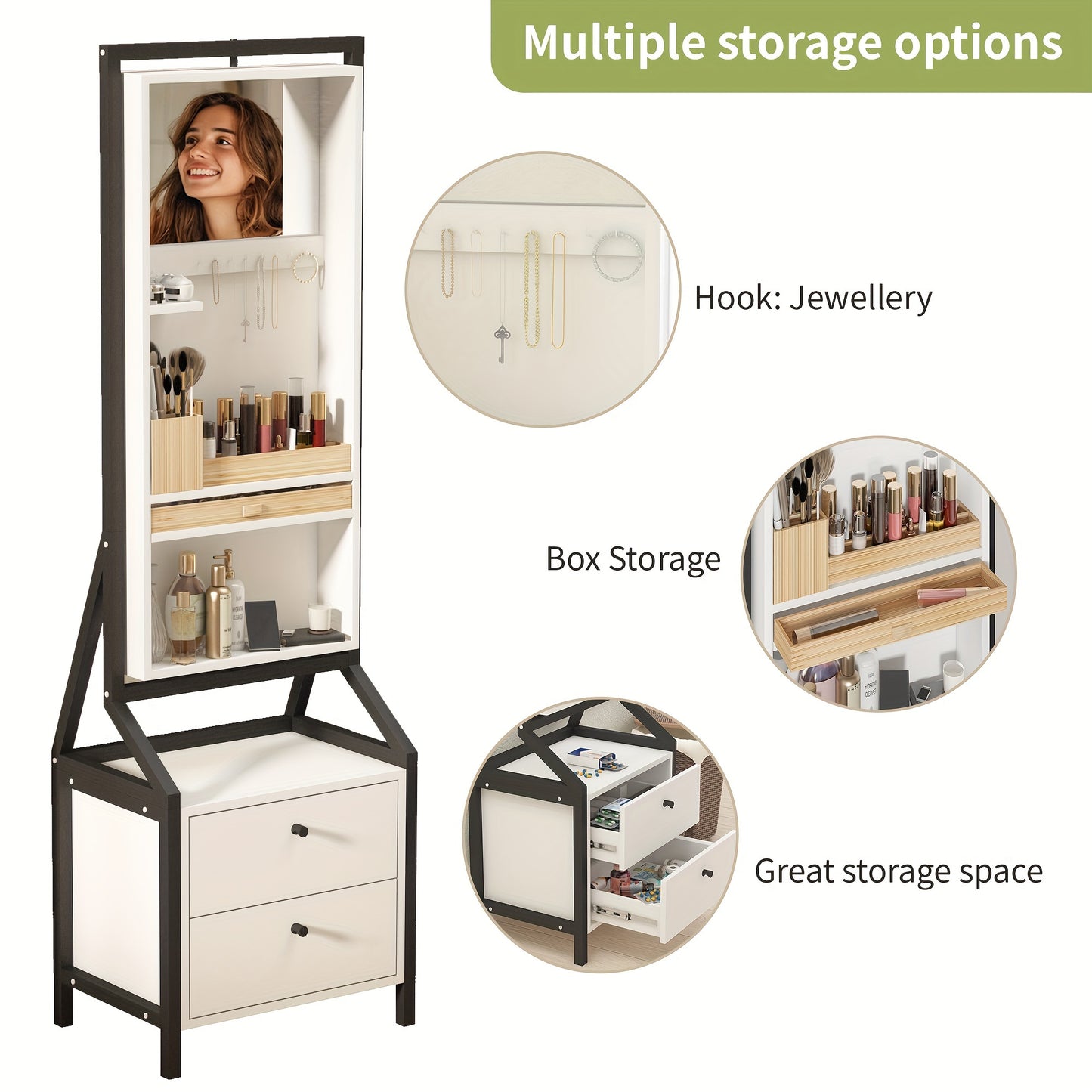 Makeupspiegelkast – Sieradenkast – Make-upkast – Kaptafel – Spiegelkast – 360° Draaibaar – Wit Hout – 2 Lade Opbergruimte