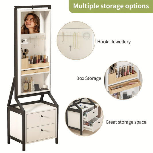 Makeupspiegelkast – Sieradenkast – Make-upkast – Kaptafel – Spiegelkast – 360° Draaibaar – Wit Hout – 2 Lade Opbergruimte