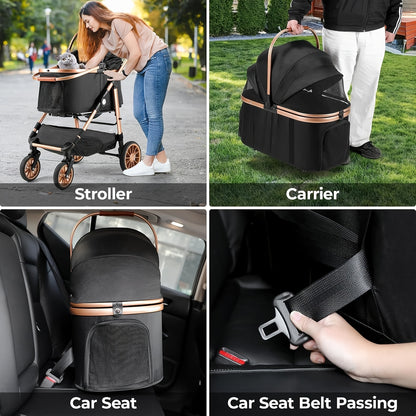 Hondenwagen – Hondenbuggy – Huisdierwagen – Dierenwagen – Kattenbuggy – Geschikt tot 25 kg – 4 Rubberwielen met Schokdempers – Inklapbaar – Lichtgewicht Carbonstaal Frame – Champagne Golden Black