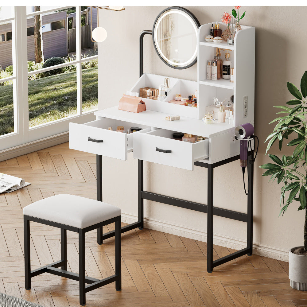 Make-up Tafel – Kaptafel – Schminktisch – Make-up Bureau – Vanity Set – Compact Formaat – Verstelbare Kruk Met Draaifunctie – Zwart Metalen Poten – 2 Lades & 2 Open Vakken – Kantelbare Spiegel – 80x138,5x40 cm