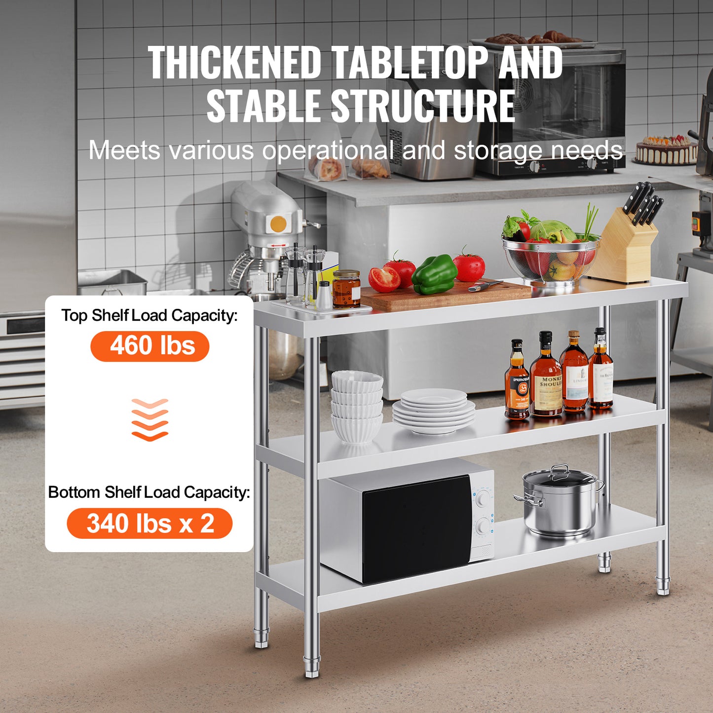 Roestvrijstalen Werktafel – RVS Werkbank – Keukentafel – Opbergtafel – Werkbank Garage – 14 x 48 Inch – 2 Verstelbare Planken