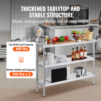 Roestvrijstalen Werktafel – RVS Werkbank – Keukentafel – Opbergtafel – Werkbank Garage – 14 x 48 Inch – 2 Verstelbare Planken