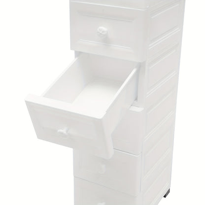 Ladenkast – Ladekast – Kommode – Opbergkast – Dressoir – Modern – 5 Lades – Wieltjes – Wit – Kunststof – Compact 25x34x82 cm