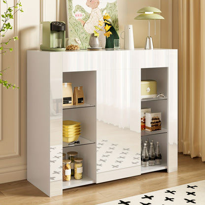 Wit Kastje – Opbergkast – Dressoir – Vitrinekast – Wandkast – Hoogglans Bamboe – Glasdeuren – 95x35x83 cm – Vrijstaand – Eenvoudige Montage