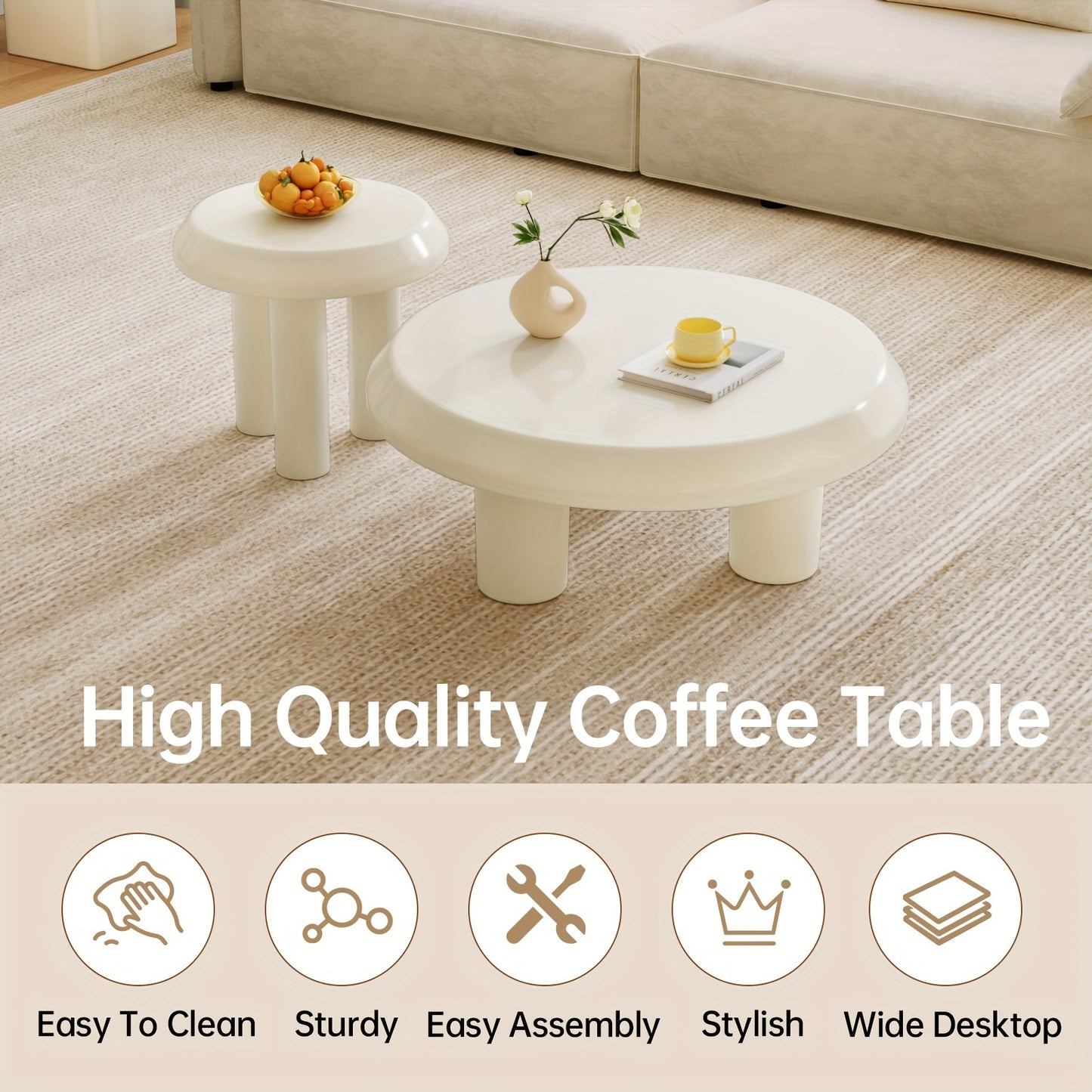 Salontafel – Bijzettafel – Koffietafel – Woonkamertafel – Banktafel – Set Van 2 – Ronde Design – Milky Wit – Compact En Ruimtebesparend – Eenvoudig Te Monteren