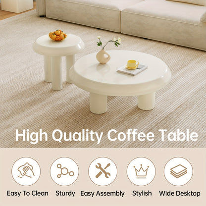 Salontafel – Bijzettafel – Koffietafel – Woonkamertafel – Banktafel – Set Van 2 – Ronde Design – Milky Wit – Compact En Ruimtebesparend – Eenvoudig Te Monteren