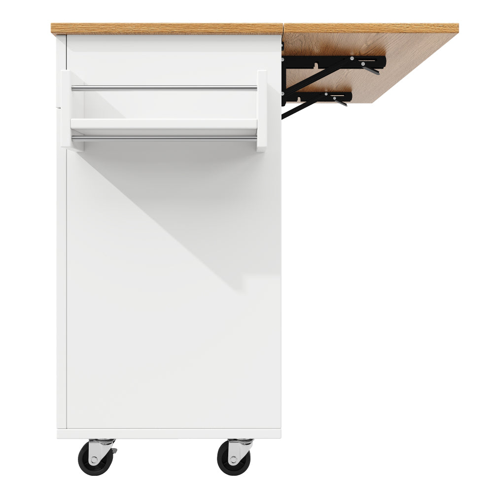 Modern White Wood Grain Kitchen Island with Dining Table, Multifunctional & Dining Cart - Easy Assembly Required, Space-Saving Heavy-Duty Furniture for small Kitchens, Apartments, Homes (Metal Frame)