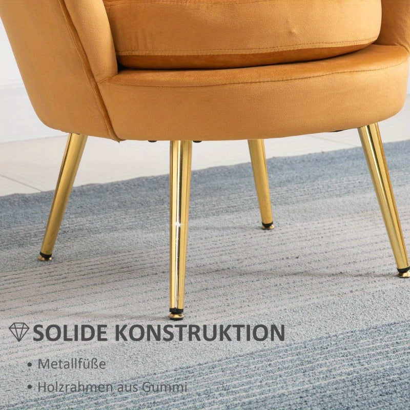 Shell Shape Fauteuil – Loungestoel – Accentstoel – Make-up Kruk – Zitstoel – Gele Velours Bekleding – Metalen Poten – Compact Design