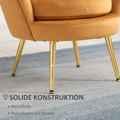 Shell Shape Fauteuil – Loungestoel – Accentstoel – Make-up Kruk – Zitstoel – Gele Velours Bekleding – Metalen Poten – Compact Design