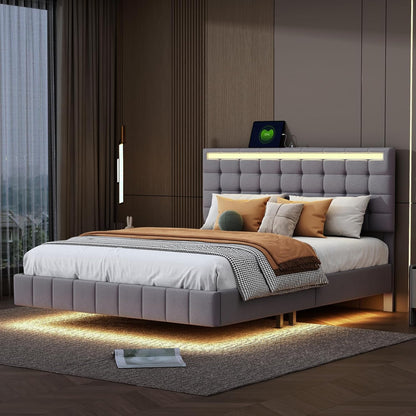 Bedframe – Gestoffeerd Bed – Tweepersoonsbed – Opbergbed – Led-bed – 140x200 cm – Linnen Bekleding – Usb Oplaadstations
