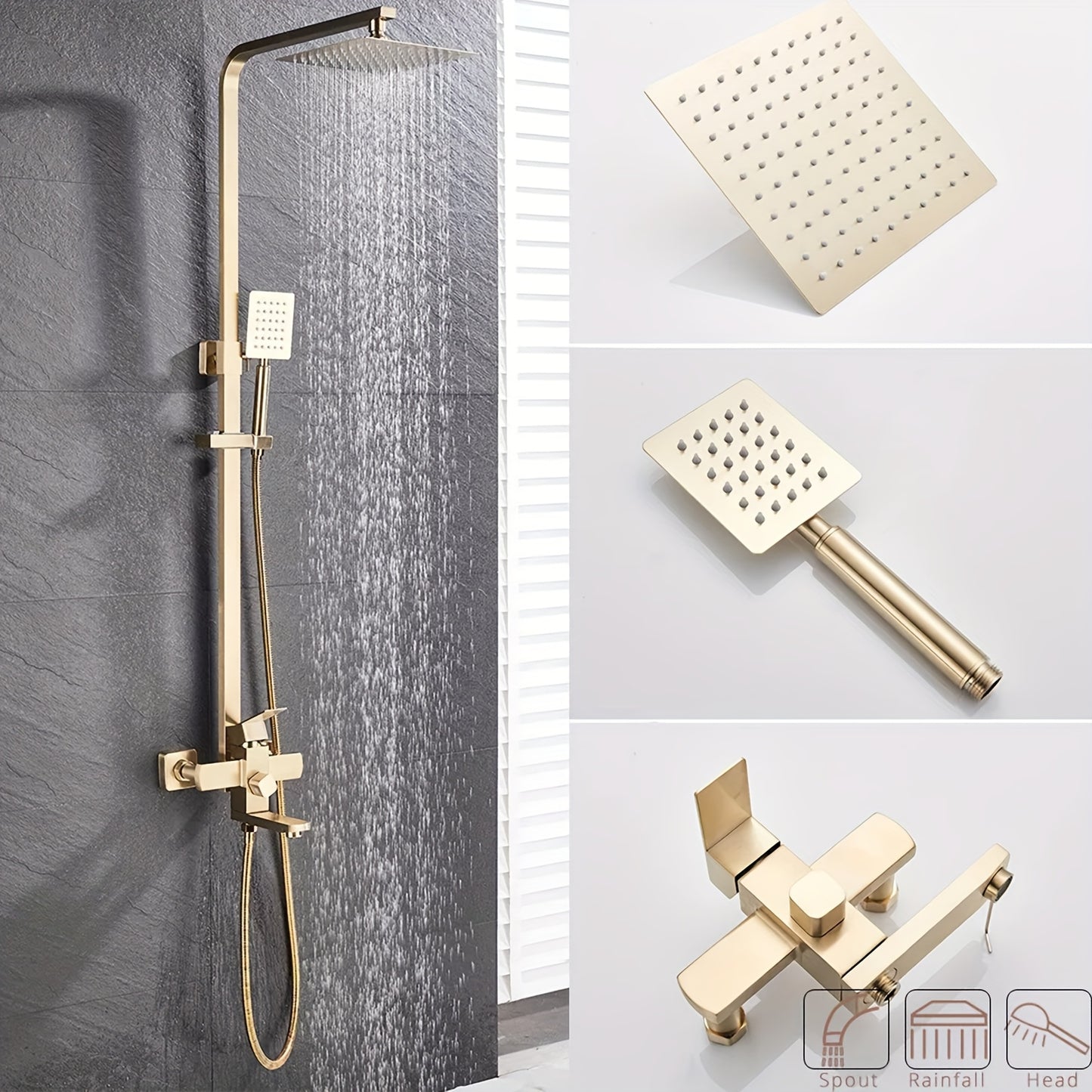 Douche Set – Regendouche – Handdouche – Badkamerkraan – Doucheset – Geborsteld Goud – 20,32 cm Vierkante Hoofddouche – Verstelbare Handdouche – Enkelhendel – Messing & RVS