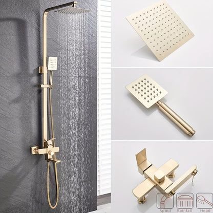 Brushed Golden Bathroom Shower Set - 20.32 cm Square Rainfall Shower Head & Adjustable Height Handheld Shower with Single Handle Control, Wall-Mounted Bath Faucet Kit, Modern Luxury Brass/ Stainless Steel Construction (No Ele