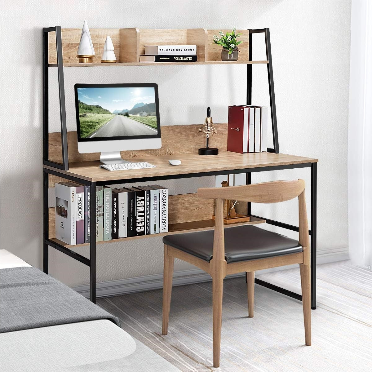 Bureau – Computertafel – Werktafel – Schrijftafel – Tafel – Houten Bureau Met Planken – Stevig Metalen Frame – Verstelbare Voetjes – 120x57 cm – Natuurlijke Houtkleur