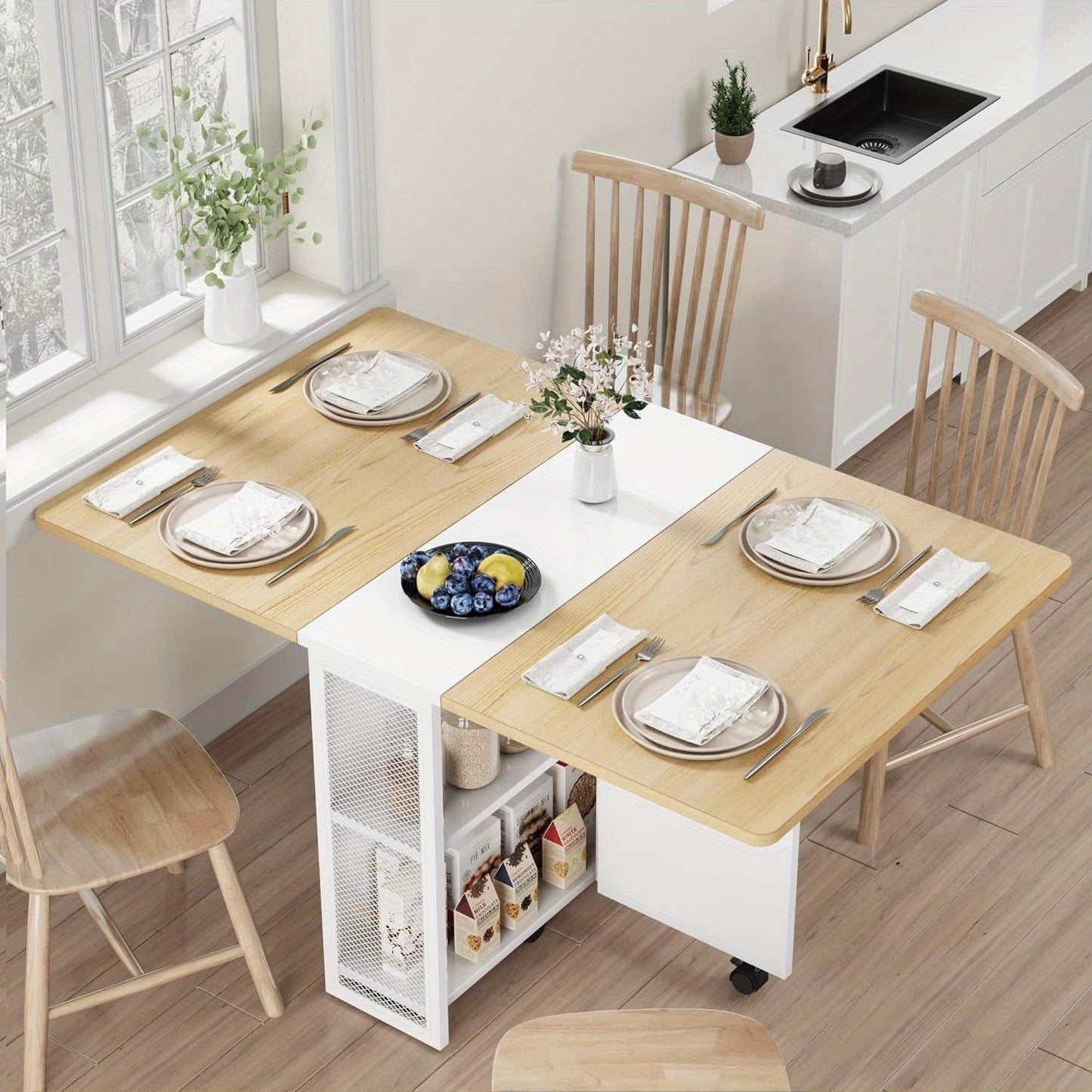 Uitklaptafel – Klaptafel – Inklaptafel – Vouwtafel – Eettafel – Ruimtebesparend – Natuurlijk Hout – 127x80x75 cm – Verstelbare Hoogte – 2-laagse Opbergruimte