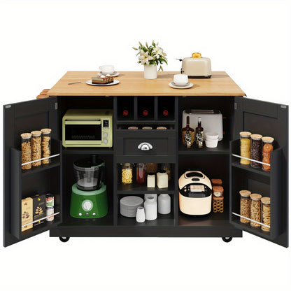 Kitchen Island – Sideboard – Buffetwagen – Keukentrolley – Serveerwagen – Zwart – Met Wijnrek – 4 Zwenkwieltjes