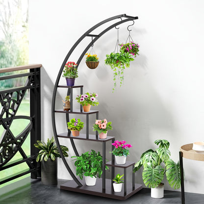 Plantenstandaard – Plantenrek – Bloemenrek – Plantenhouder – Bloemenhouder – 5 Laags Metalen Halvemaan Design – 4 Haken Voor Extra Gebruik – 60,96x35,56x144,78 cm – Geschikt Voor Binnen & Overdekt Buiten