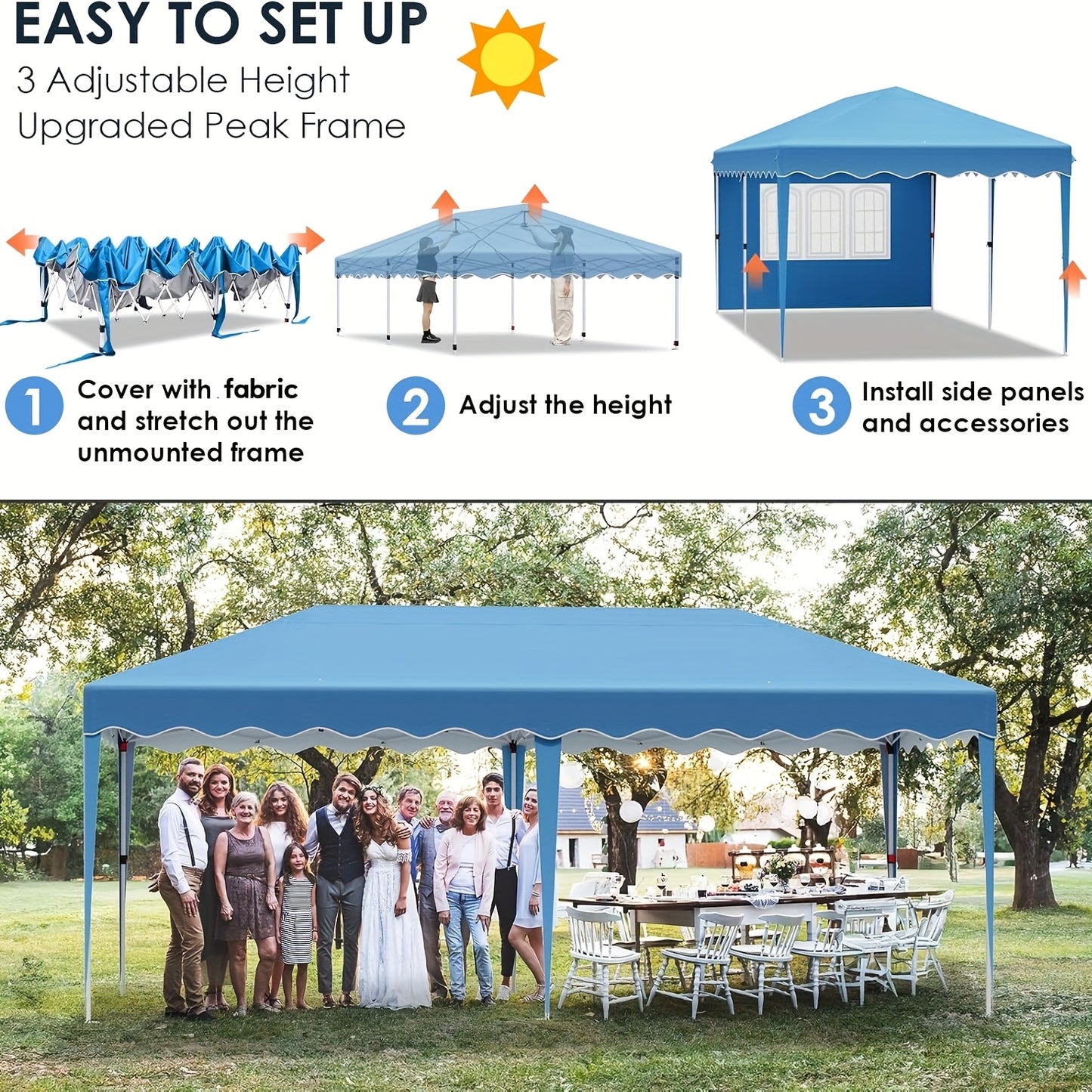 Gazebo – Vouwtent – Partytent – Paviljoen – Tuinentent – 3x6 Meter – 6 Afneembare Zijwanden – Stabiele Stalen Framebouw